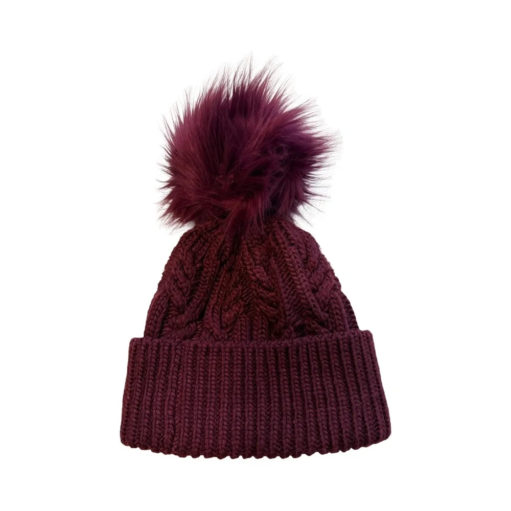 The North Face Kids Oh-Mega Fur Pom Beanie Burgundy‎ Purple Cable Knit OS